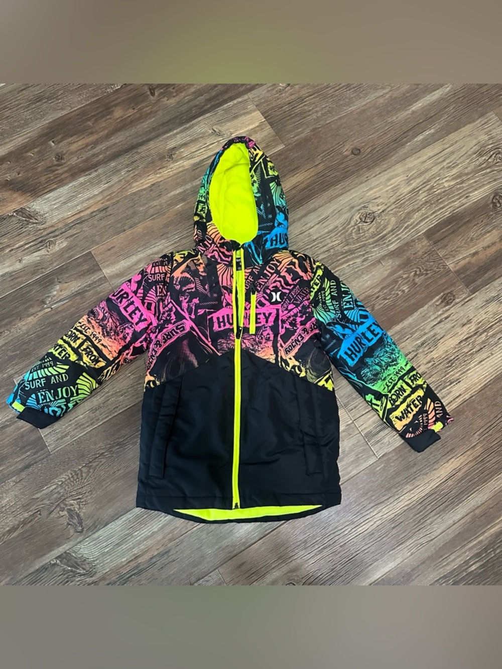 Hurley colorful neon ski snowboarding jacket boys 5/6 fleece lined hooded